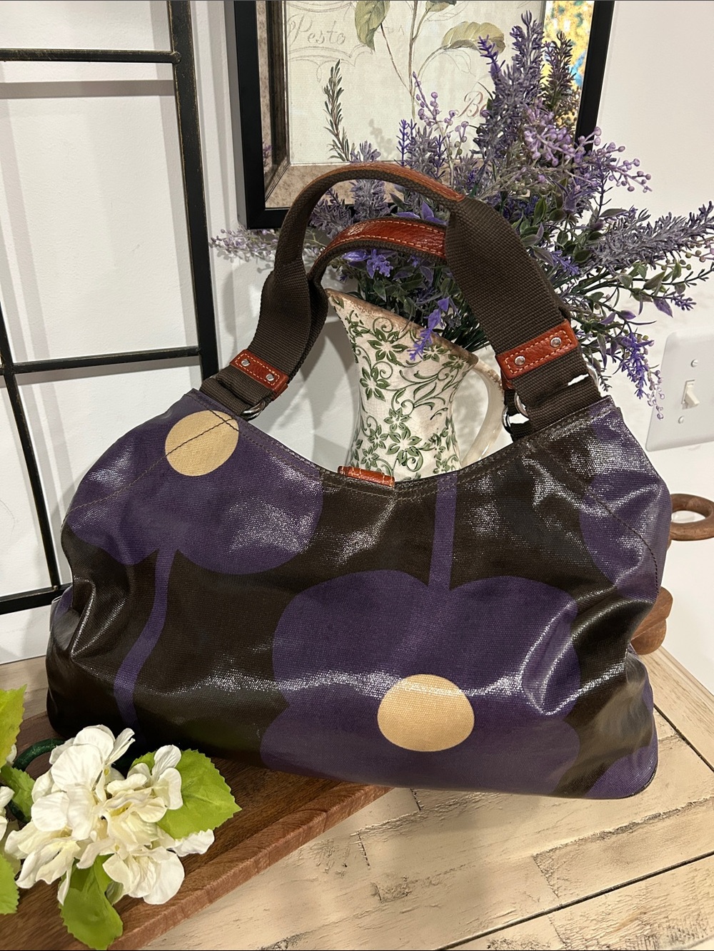 Orla Kiely Purple and Brown Floral Shoulder Bag with Gold Accents - Picture 5 of 5